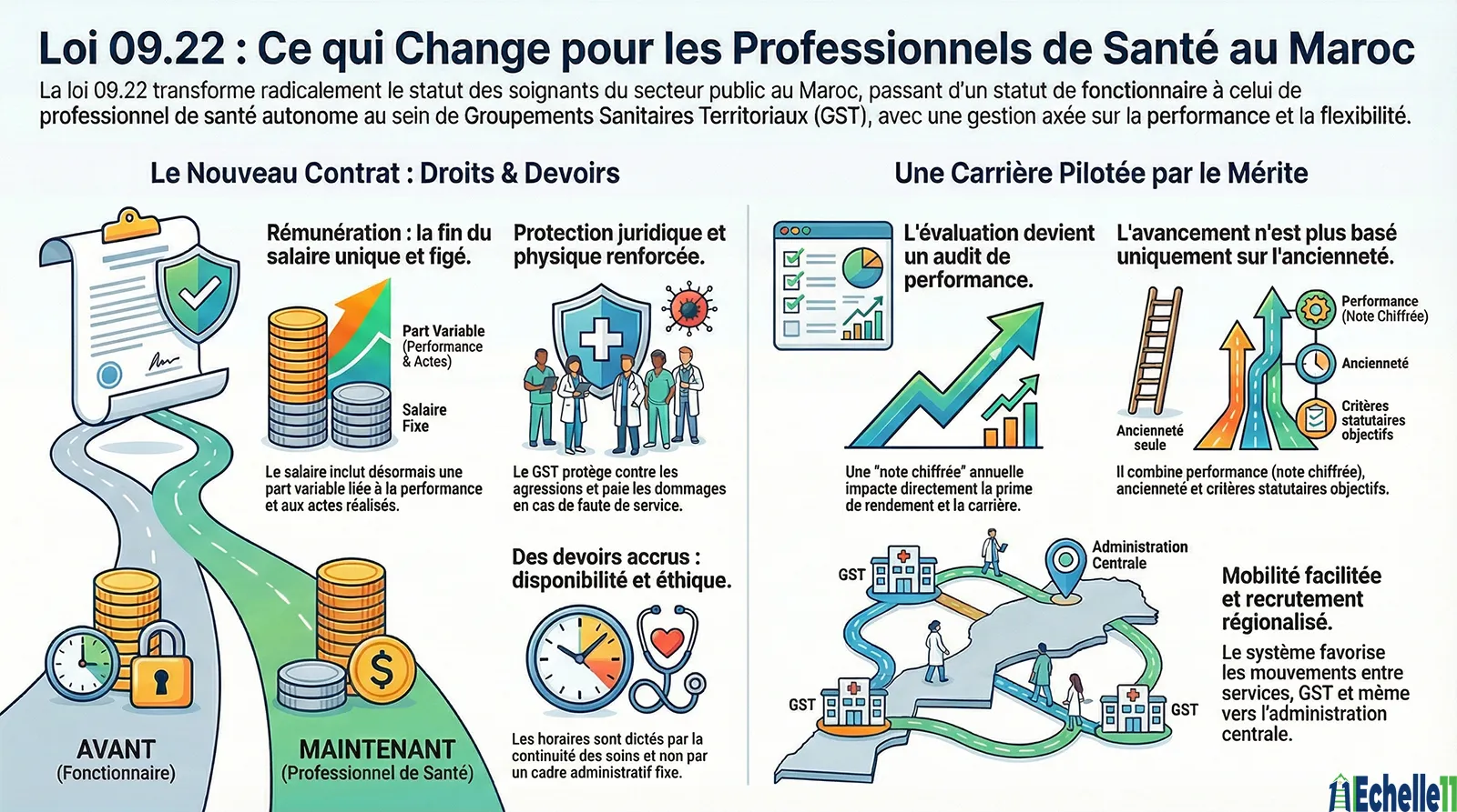 Fiche de synthèse : Loi 09.22 et Fonction Sanitaire | Droits, Rémunération et Carrière dans les GST